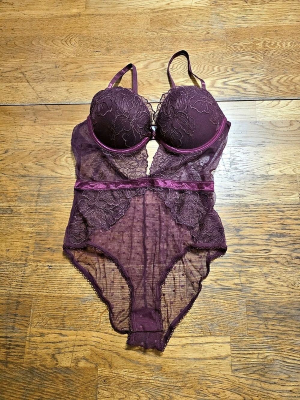 Lace Mesh Floral Dotted Pushup Cutout Bodysuit Lingerie Burgundy